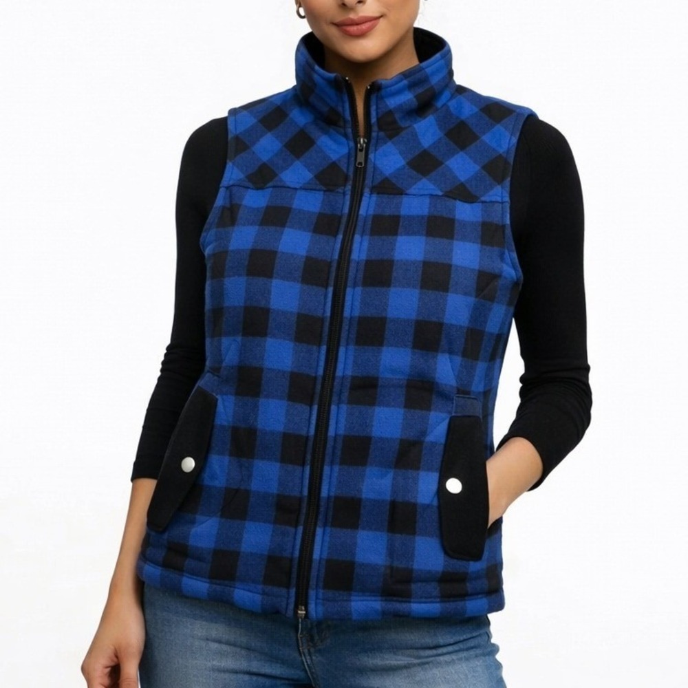 Jane Ashley Quilted Puffer Vest Blue Black Buffalo Plaid Zip Womens S Heritage